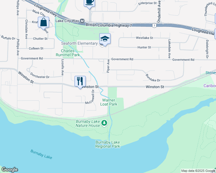 map of restaurants, bars, coffee shops, grocery stores, and more near 7905 Winston Street in Burnaby
