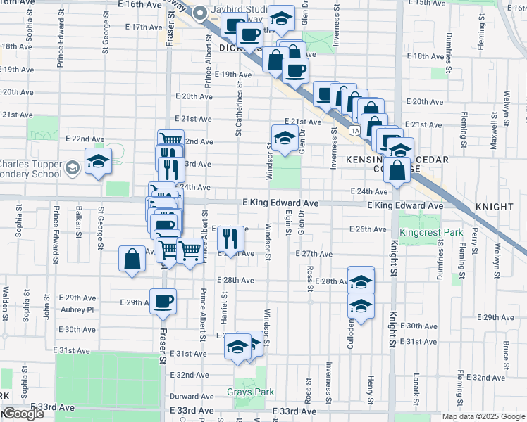 map of restaurants, bars, coffee shops, grocery stores, and more near 4131 Windsor Street in Vancouver