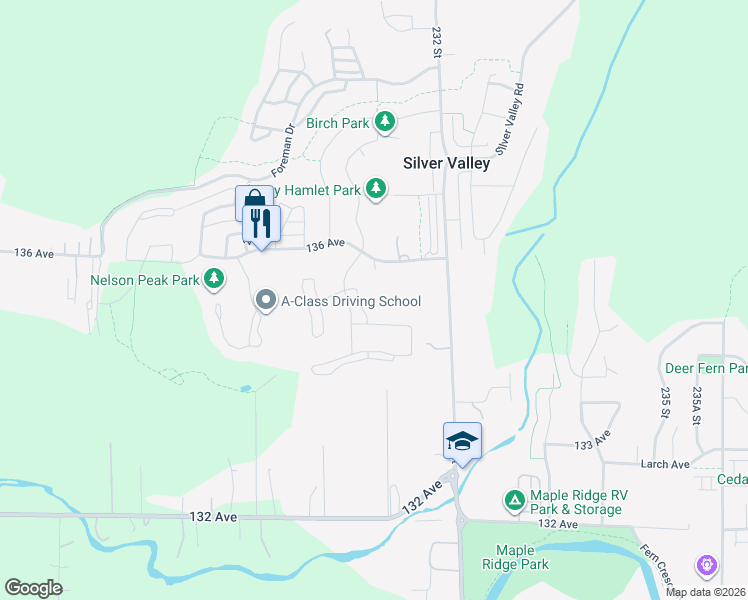 map of restaurants, bars, coffee shops, grocery stores, and more near 23060 136 Avenue in Maple Ridge