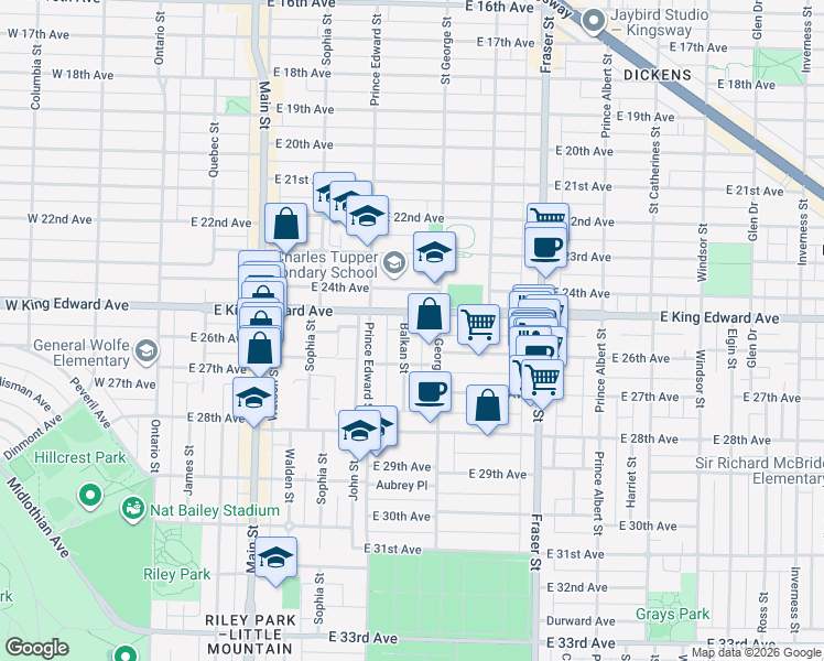 map of restaurants, bars, coffee shops, grocery stores, and more near 4132 Balkan Street in Vancouver