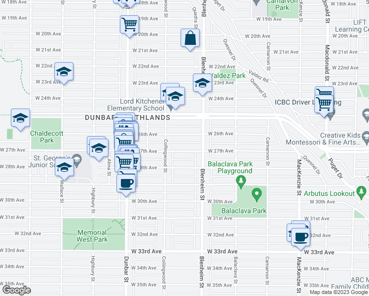 map of restaurants, bars, coffee shops, grocery stores, and more near 3393 West 27th Avenue in Vancouver
