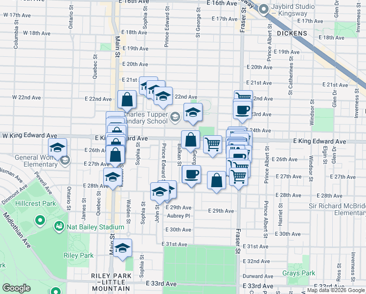 map of restaurants, bars, coffee shops, grocery stores, and more near 4132 Balkan Street in Vancouver