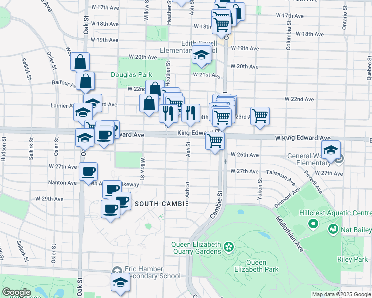 map of restaurants, bars, coffee shops, grocery stores, and more near 4133 Ash Street in Vancouver