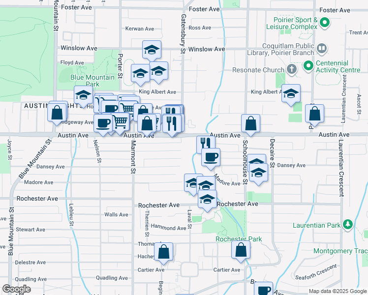 map of restaurants, bars, coffee shops, grocery stores, and more near 1168 Charland Avenue in Coquitlam