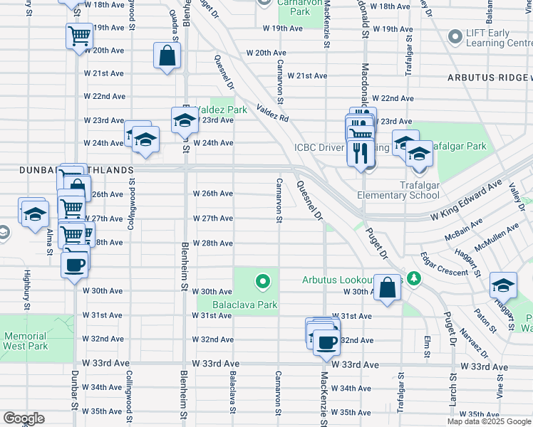 map of restaurants, bars, coffee shops, grocery stores, and more near 3049 West 27th Avenue in Vancouver