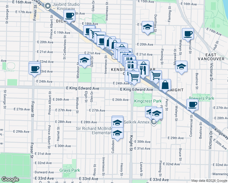 map of restaurants, bars, coffee shops, grocery stores, and more near 1266 East King Edward Avenue in Vancouver