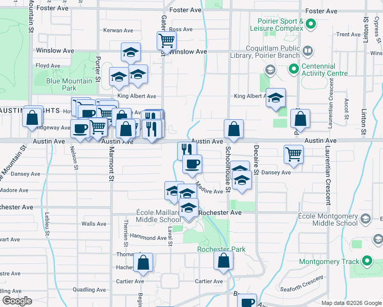 map of restaurants, bars, coffee shops, grocery stores, and more near 1334 Charland Avenue in Coquitlam