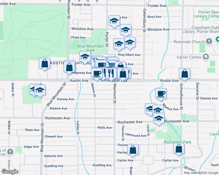map of restaurants, bars, coffee shops, grocery stores, and more near 1055 Charland Avenue in Coquitlam