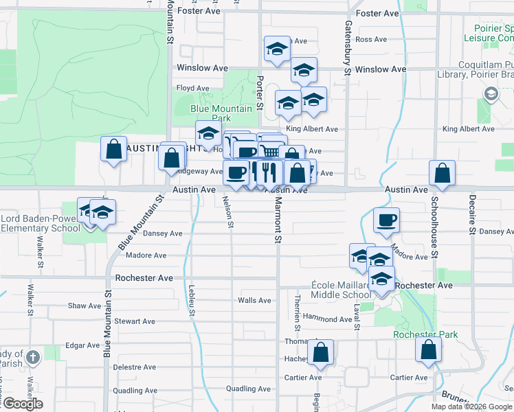 map of restaurants, bars, coffee shops, grocery stores, and more near 1049 Charland Avenue in Coquitlam