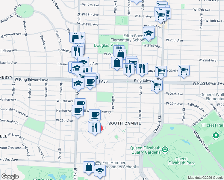 map of restaurants, bars, coffee shops, grocery stores, and more near 805 West 26th Avenue in Vancouver
