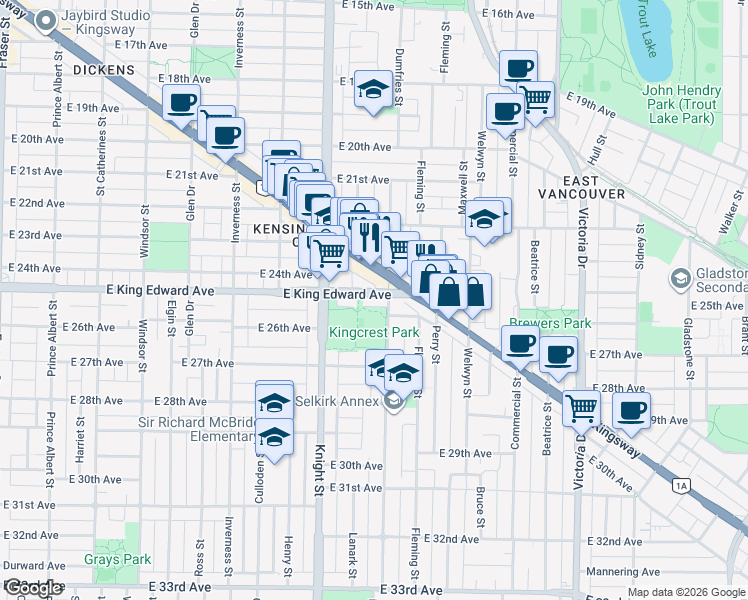 map of restaurants, bars, coffee shops, grocery stores, and more near 1468 East King Edward Avenue in Vancouver
