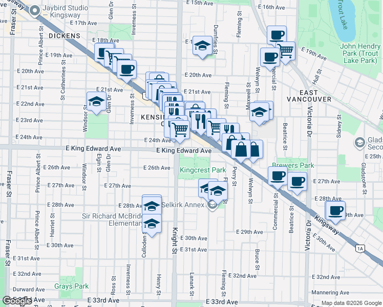 map of restaurants, bars, coffee shops, grocery stores, and more near 1440 East King Edward Avenue in Vancouver
