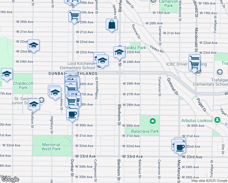 map of restaurants, bars, coffee shops, grocery stores, and more near 3339 West 27th Avenue in Vancouver