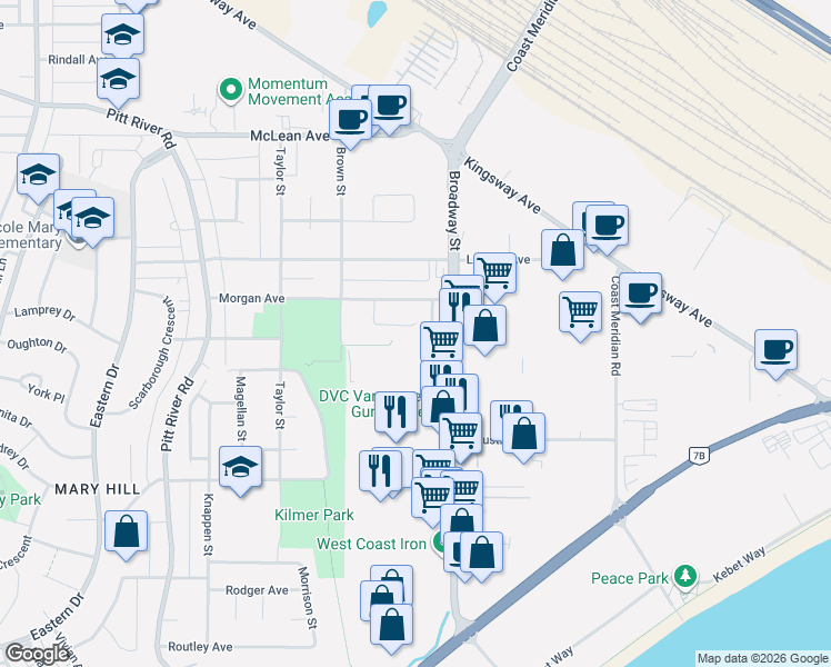 map of restaurants, bars, coffee shops, grocery stores, and more near 1736 Pekrul Place in Port Coquitlam