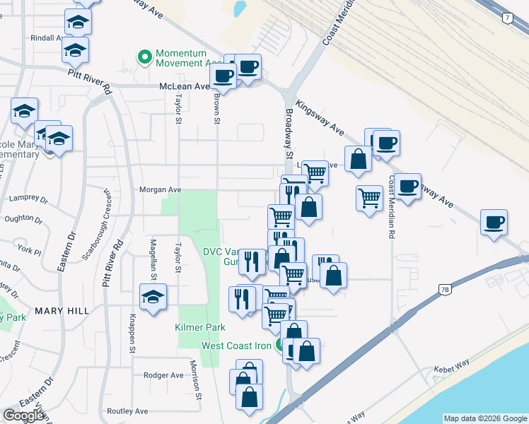 map of restaurants, bars, coffee shops, grocery stores, and more near 1736 Pekrul Place in Port Coquitlam