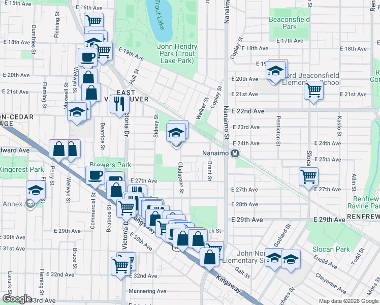 map of restaurants, bars, coffee shops, grocery stores, and more near in Vancouver