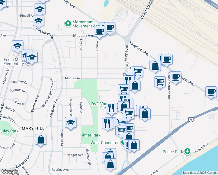 map of restaurants, bars, coffee shops, grocery stores, and more near 1760 Pekrul Place in Port Coquitlam