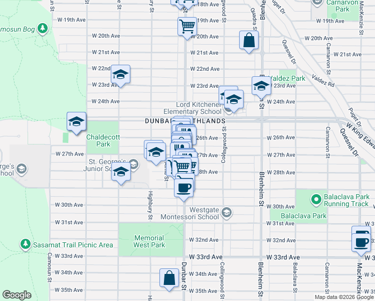 map of restaurants, bars, coffee shops, grocery stores, and more near 4288 Dunbar Street in Vancouver