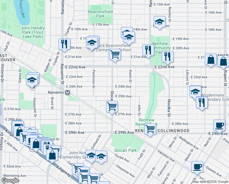 map of restaurants, bars, coffee shops, grocery stores, and more near 4060 Slocan Street in Vancouver