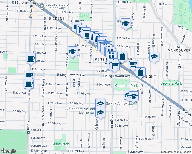 map of restaurants, bars, coffee shops, grocery stores, and more near 1250 East King Edward Avenue in Vancouver