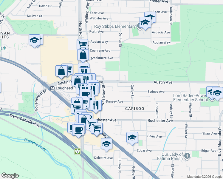 map of restaurants, bars, coffee shops, grocery stores, and more near 555 Sydney Avenue in Coquitlam