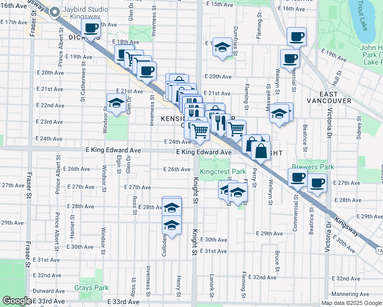 map of restaurants, bars, coffee shops, grocery stores, and more near 4105 Knight Street in Vancouver