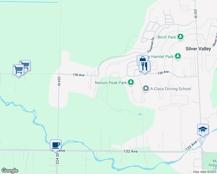 map of restaurants, bars, coffee shops, grocery stores, and more near 13556 Birdtail Drive in Maple Ridge