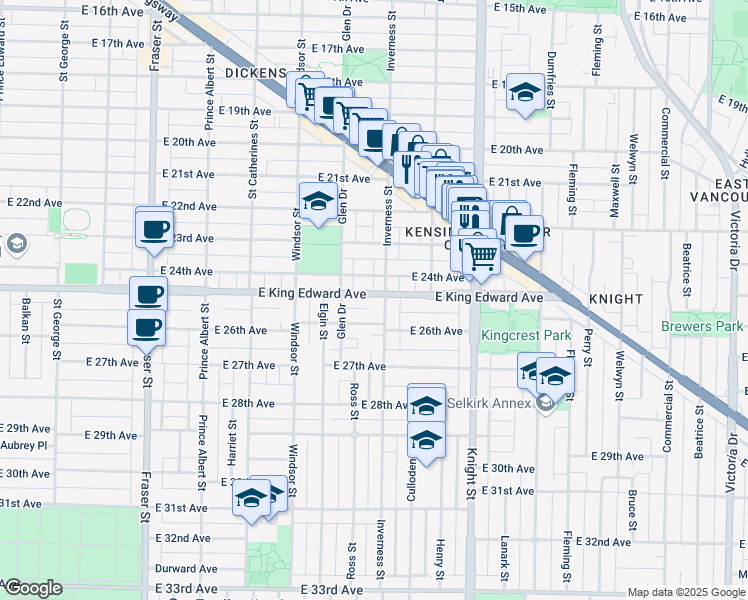 map of restaurants, bars, coffee shops, grocery stores, and more near 1180 East King Edward Avenue in Vancouver