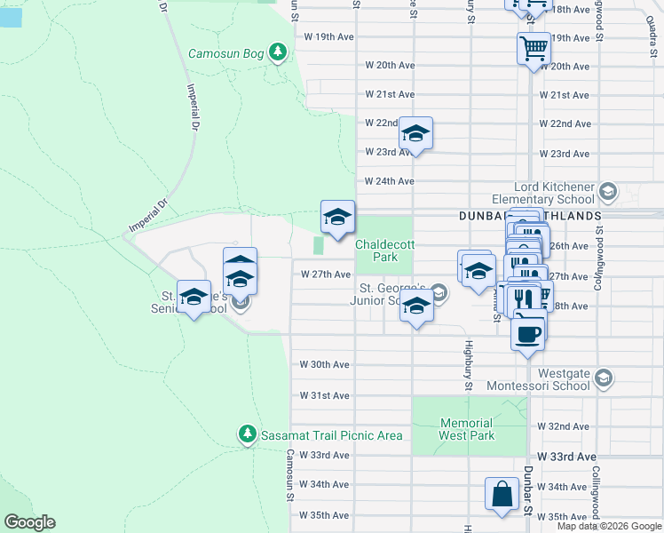 map of restaurants, bars, coffee shops, grocery stores, and more near 4035 West 27th Avenue in Vancouver