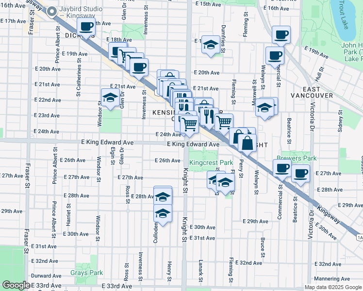 map of restaurants, bars, coffee shops, grocery stores, and more near 4105 Knight Street in Vancouver
