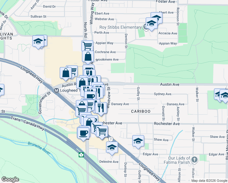 map of restaurants, bars, coffee shops, grocery stores, and more near 555 Sydney Avenue in Coquitlam