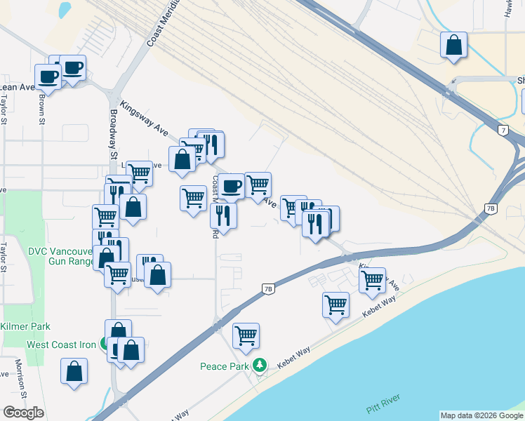 map of restaurants, bars, coffee shops, grocery stores, and more near 1368 Kingsway Avenue in Port Coquitlam