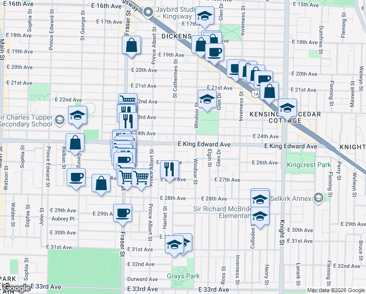 map of restaurants, bars, coffee shops, grocery stores, and more near 946 East King Edward Avenue in Vancouver