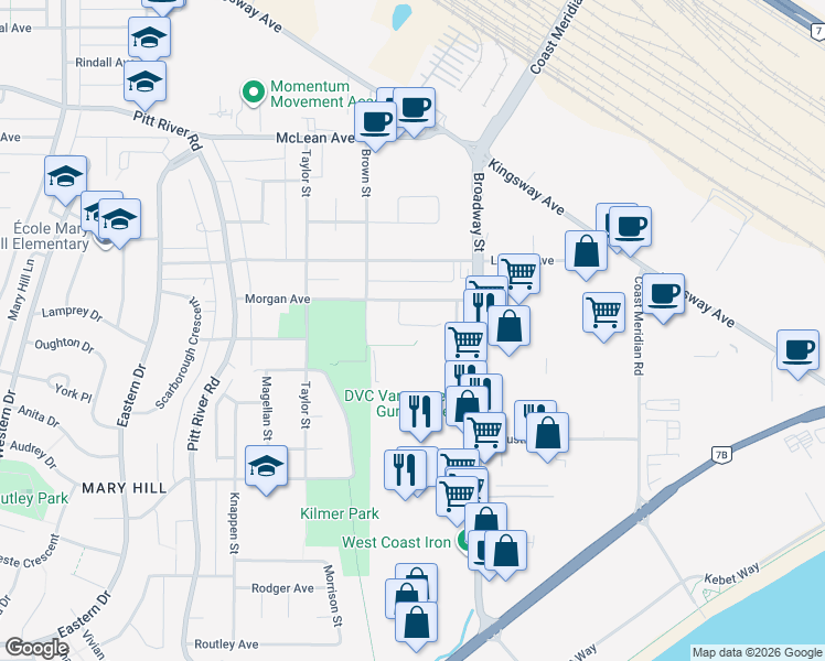map of restaurants, bars, coffee shops, grocery stores, and more near 1760 Pekrul Place in Port Coquitlam