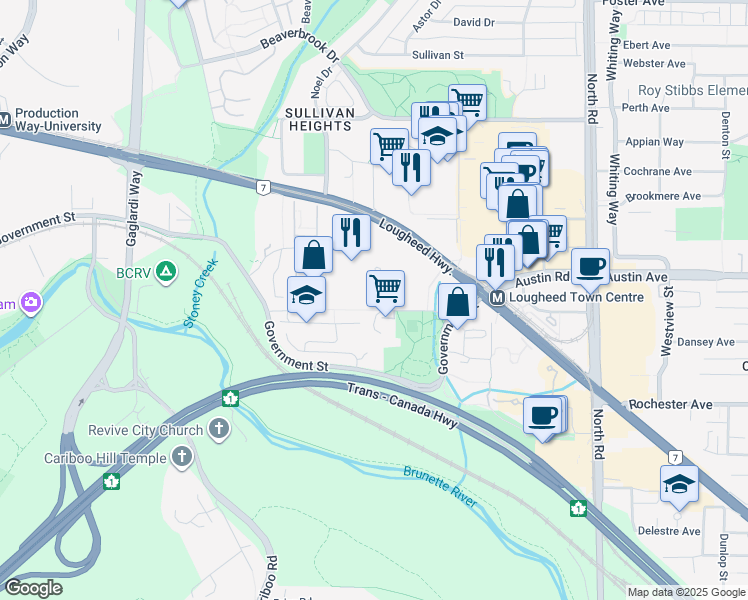 map of restaurants, bars, coffee shops, grocery stores, and more near 3921 Carrigan Court in Burnaby