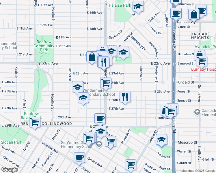 map of restaurants, bars, coffee shops, grocery stores, and more near 4014 Rupert Street in Vancouver