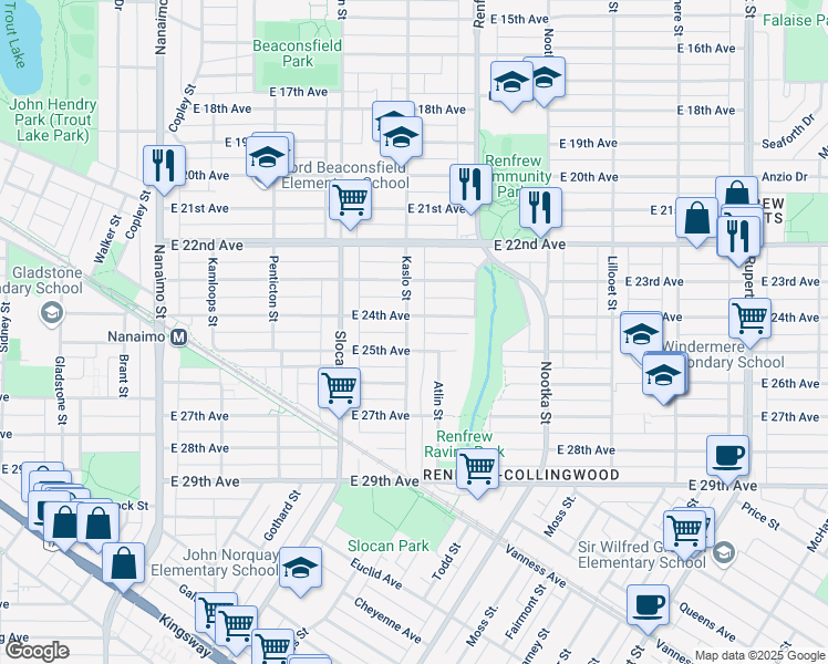 map of restaurants, bars, coffee shops, grocery stores, and more near 4030 Kaslo Street in Vancouver