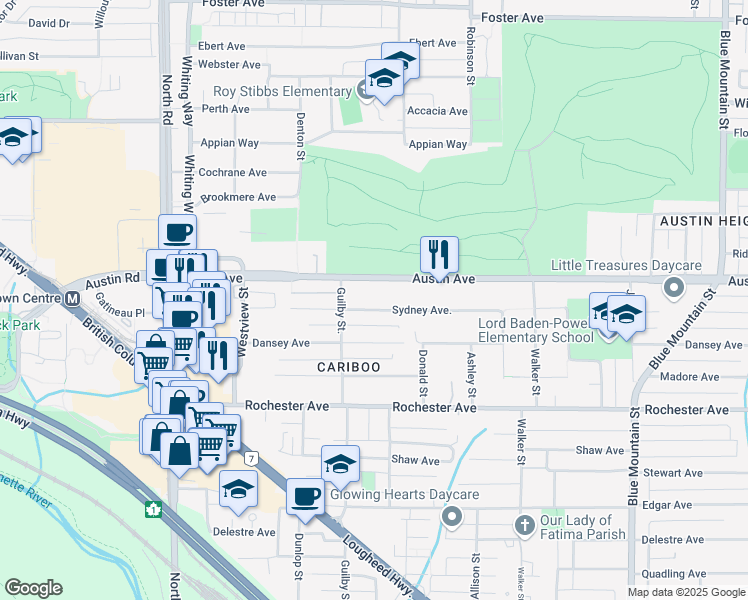 map of restaurants, bars, coffee shops, grocery stores, and more near 639 Sydney Avenue in Coquitlam