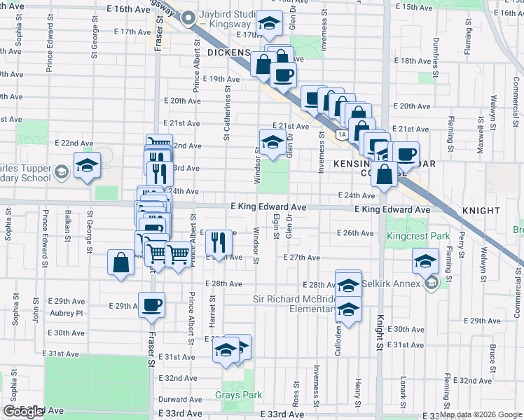 map of restaurants, bars, coffee shops, grocery stores, and more near 1020 East King Edward Avenue in Vancouver