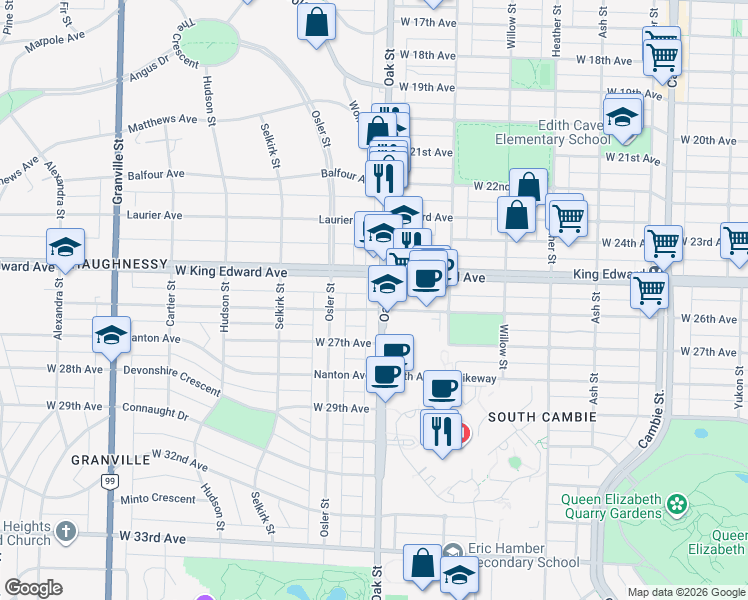 map of restaurants, bars, coffee shops, grocery stores, and more near 4175 Oak Street in Vancouver