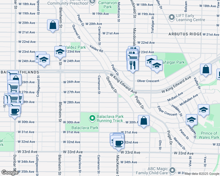 map of restaurants, bars, coffee shops, grocery stores, and more near 4275 Quesnel Drive in Vancouver