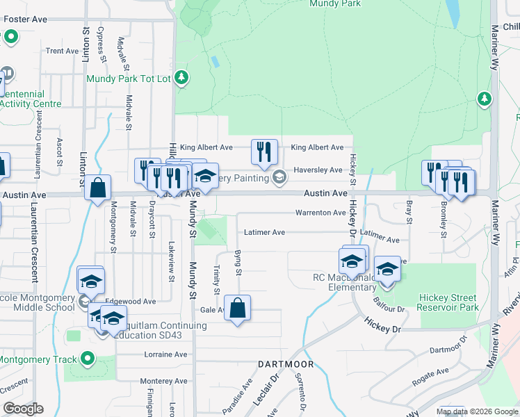 map of restaurants, bars, coffee shops, grocery stores, and more near 2293 Warrenton Avenue in Coquitlam
