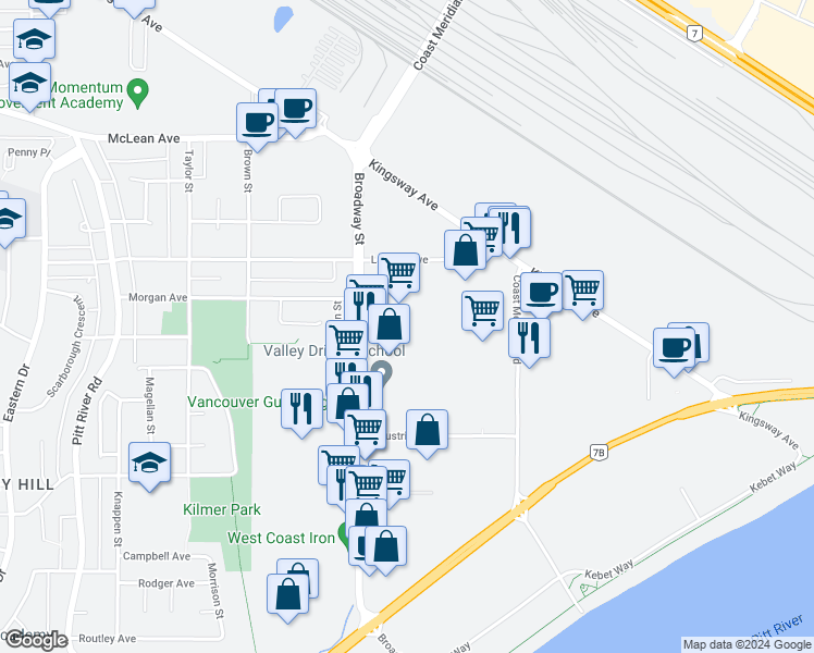 map of restaurants, bars, coffee shops, grocery stores, and more near 1772 Broadway Street in Port Coquitlam
