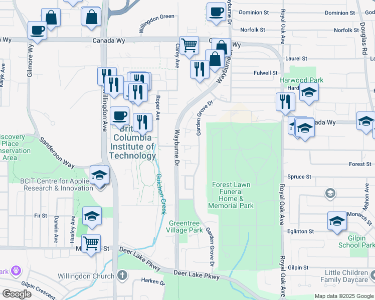 map of restaurants, bars, coffee shops, grocery stores, and more near 4744 Cedarglen Place in Burnaby