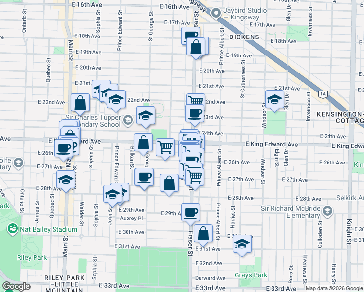 map of restaurants, bars, coffee shops, grocery stores, and more near 676 East King Edward Avenue in Vancouver