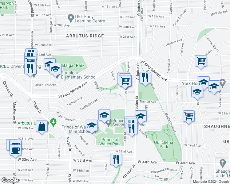 map of restaurants, bars, coffee shops, grocery stores, and more near 2101 McMullen Avenue in Vancouver