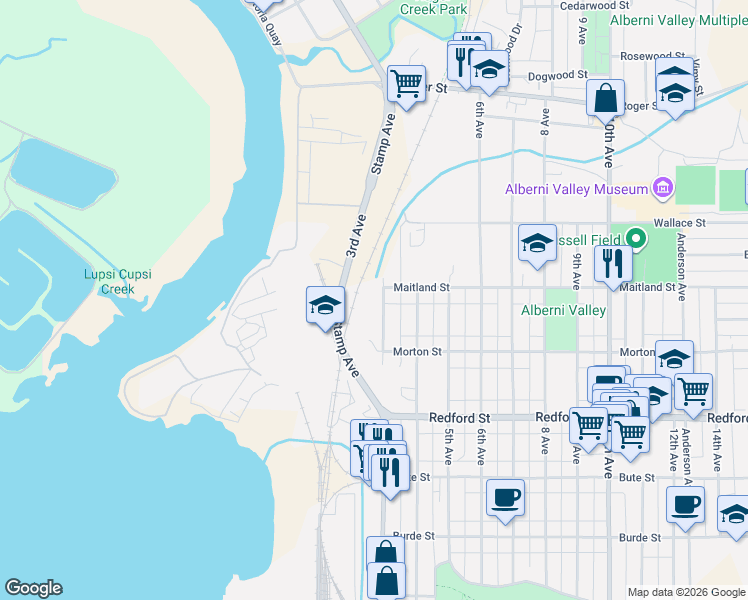 map of restaurants, bars, coffee shops, grocery stores, and more near 3988 3rd Avenue in Port Alberni