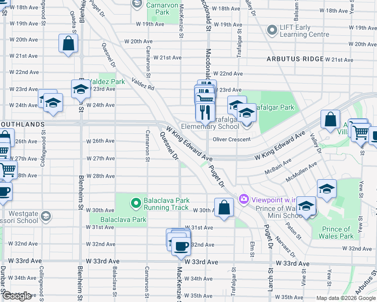 map of restaurants, bars, coffee shops, grocery stores, and more near 2856 West King Edward Avenue in Vancouver