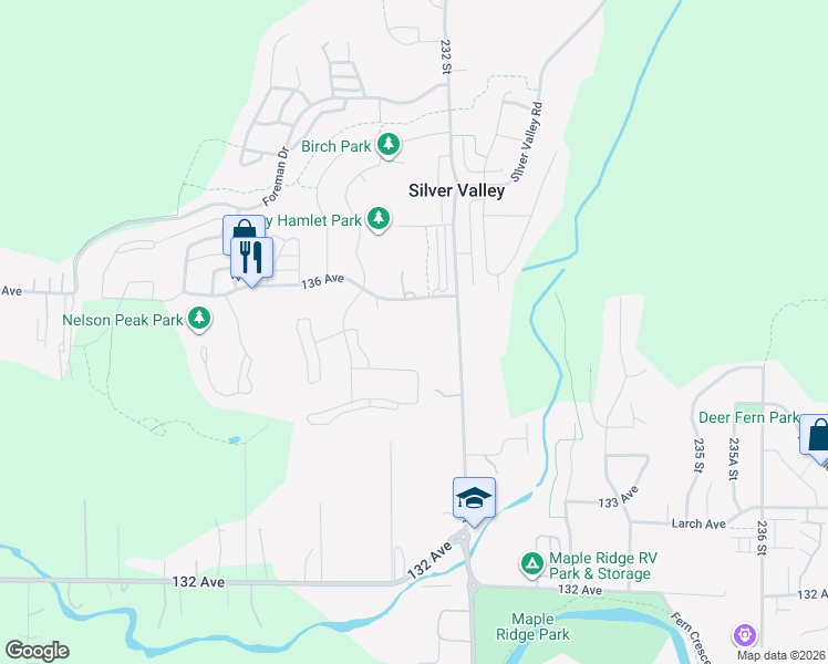 map of restaurants, bars, coffee shops, grocery stores, and more near 23140 136 Avenue in Maple Ridge