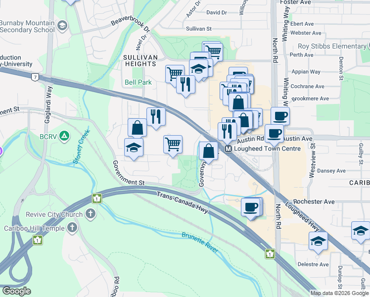 map of restaurants, bars, coffee shops, grocery stores, and more near 3980 Carrigan Court in Burnaby